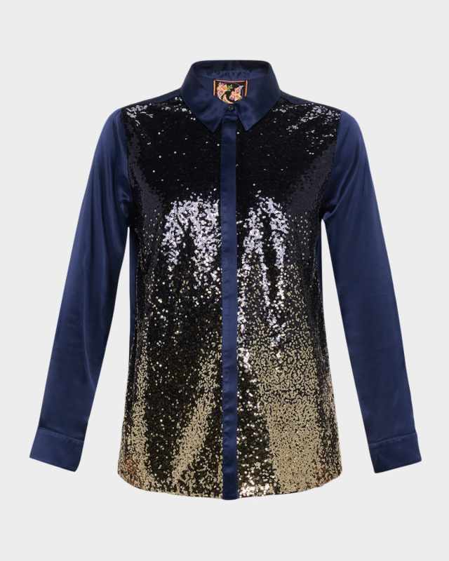 Selya Button-Down Ombre Sequin Shirt